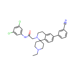 CCN1CCC2(CC1)c1ccc(-c3cccc(C#N)c3)cc1CCN2CC(=O)Nc1cc(Cl)cc(Cl)c1 ZINC000036351696