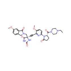 CCN1CCN(C(=O)[C@@H]2CCC(=O)N2c2ccc(OC)c(C#C[C@]3(CN4Cc5ccc(OC)cc5C4=O)NC(=O)NC3=O)n2)CC1 ZINC000096173643