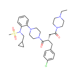 CCN1CCN(C(=O)C[C@H](Cc2ccc(Cl)cc2)C(=O)N2CCN(c3ccccc3N(CC3CC3)S(C)(=O)=O)CC2)CC1 ZINC000027213183