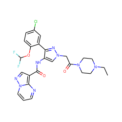 CCN1CCN(C(=O)Cn2cc(NC(=O)c3cnn4cccnc34)c(-c3cc(Cl)ccc3OC(F)F)n2)CC1 ZINC001772615330