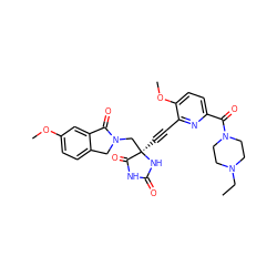 CCN1CCN(C(=O)c2ccc(OC)c(C#C[C@]3(CN4Cc5ccc(OC)cc5C4=O)NC(=O)NC3=O)n2)CC1 ZINC000096173637