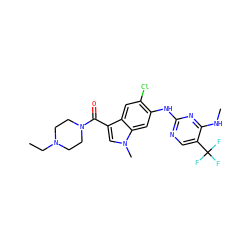 CCN1CCN(C(=O)c2cn(C)c3cc(Nc4ncc(C(F)(F)F)c(NC)n4)c(Cl)cc23)CC1 ZINC000169704587