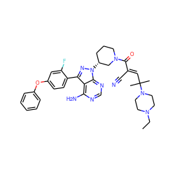 CCN1CCN(C(C)(C)/C=C(\C#N)C(=O)N2CCC[C@@H](n3nc(-c4ccc(Oc5ccccc5)cc4F)c4c(N)ncnc43)C2)CC1 ZINC000207715435