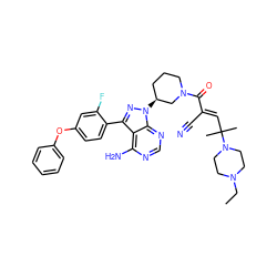 CCN1CCN(C(C)(C)/C=C(\C#N)C(=O)N2CCC[C@H](n3nc(-c4ccc(Oc5ccccc5)cc4F)c4c(N)ncnc43)C2)CC1 ZINC000207720371