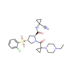 CCN1CCN(C2(C(=O)N3C[C@H](S(=O)(=O)c4ccccc4Cl)C[C@H]3C(=O)NC3(C#N)CC3)CC2)CC1 ZINC000169705345