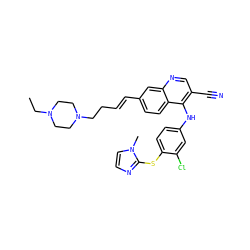 CCN1CCN(CC/C=C/c2ccc3c(Nc4ccc(Sc5nccn5C)c(Cl)c4)c(C#N)cnc3c2)CC1 ZINC000049877677