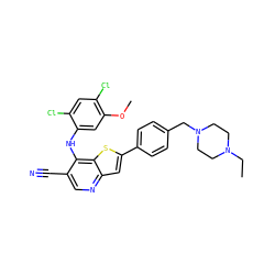 CCN1CCN(Cc2ccc(-c3cc4ncc(C#N)c(Nc5cc(OC)c(Cl)cc5Cl)c4s3)cc2)CC1 ZINC000023357834