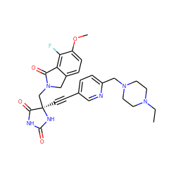 CCN1CCN(Cc2ccc(C#C[C@]3(CN4Cc5ccc(OC)c(F)c5C4=O)NC(=O)NC3=O)cn2)CC1 ZINC000143327206