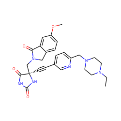 CCN1CCN(Cc2ccc(C#C[C@]3(CN4Cc5ccc(OC)cc5C4=O)NC(=O)NC3=O)cn2)CC1 ZINC000143326993