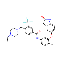 CCN1CCN(Cc2ccc(C(=O)Nc3ccc(C)c(Oc4ccc5c(c4)CC(=O)N5)c3)cc2C(F)(F)F)CC1 ZINC000096174842