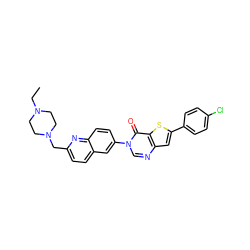 CCN1CCN(Cc2ccc3cc(-n4cnc5cc(-c6ccc(Cl)cc6)sc5c4=O)ccc3n2)CC1 ZINC000038149728