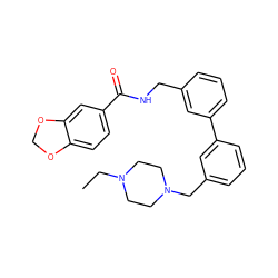 CCN1CCN(Cc2cccc(-c3cccc(CNC(=O)c4ccc5c(c4)OCO5)c3)c2)CC1 ZINC000040430181