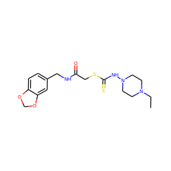 CCN1CCN(NC(=S)SCC(=O)NCc2ccc3c(c2)OCO3)CC1 ZINC001772625425