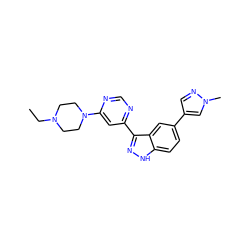 CCN1CCN(c2cc(-c3n[nH]c4ccc(-c5cnn(C)c5)cc34)ncn2)CC1 ZINC000221104581