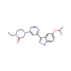 CCN1CCN(c2cc(-c3n[nH]c4ccc(OC(C)C)cc34)ncn2)CC1=O ZINC000221236699