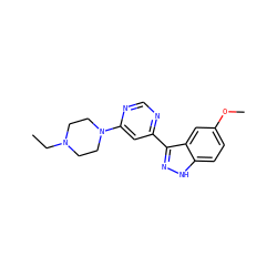 CCN1CCN(c2cc(-c3n[nH]c4ccc(OC)cc34)ncn2)CC1 ZINC000225557528