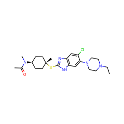 CCN1CCN(c2cc3[nH]c(S[C@]4(C)CC[C@@H](N(C)C(C)=O)CC4)nc3cc2Cl)CC1 ZINC000253798563