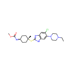 CCN1CCN(c2cc3[nH]c(S[C@]4(C)CC[C@@H](NC(=O)OC)CC4)nc3cc2Cl)CC1 ZINC000100423279