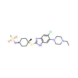 CCN1CCN(c2cc3[nH]c(S[C@]4(C)CC[C@@H](NS(C)(=O)=O)CC4)nc3cc2Cl)CC1 ZINC000261089462