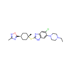 CCN1CCN(c2cc3[nH]c(S[C@]4(C)CC[C@@H](c5nc(C)no5)CC4)nc3cc2Cl)CC1 ZINC000261094291