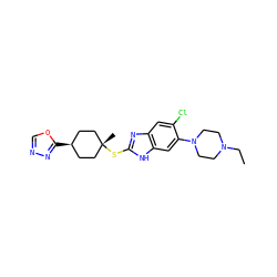 CCN1CCN(c2cc3[nH]c(S[C@]4(C)CC[C@@H](c5nnco5)CC4)nc3cc2Cl)CC1 ZINC000253665767