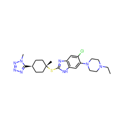 CCN1CCN(c2cc3[nH]c(S[C@]4(C)CC[C@@H](c5nnnn5C)CC4)nc3cc2Cl)CC1 ZINC000261090555