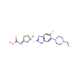 CCN1CCN(c2cc3[nH]c(S[C@]4(C)CC[C@H](NC(=O)OC)C4)nc3cc2Cl)CC1 ZINC000040874987