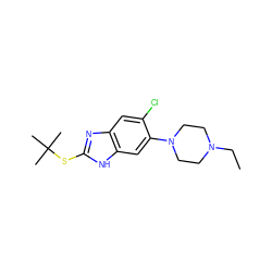 CCN1CCN(c2cc3[nH]c(SC(C)(C)C)nc3cc2Cl)CC1 ZINC000040880197