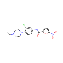 CCN1CCN(c2ccc(NC(=O)c3ccc([N+](=O)[O-])o3)cc2Cl)CC1 ZINC000000809769