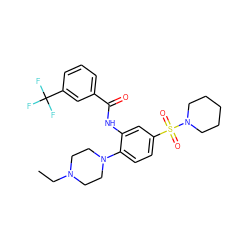 CCN1CCN(c2ccc(S(=O)(=O)N3CCCCC3)cc2NC(=O)c2cccc(C(F)(F)F)c2)CC1 ZINC000012537847