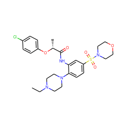 CCN1CCN(c2ccc(S(=O)(=O)N3CCOCC3)cc2NC(=O)[C@@H](C)Oc2ccc(Cl)cc2)CC1 ZINC000038139737