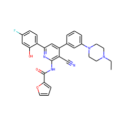 CCN1CCN(c2cccc(-c3cc(-c4ccc(F)cc4O)nc(NC(=O)c4ccco4)c3C#N)c2)CC1 ZINC000053312793