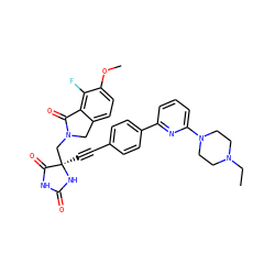 CCN1CCN(c2cccc(-c3ccc(C#C[C@]4(CN5Cc6ccc(OC)c(F)c6C5=O)NC(=O)NC4=O)cc3)n2)CC1 ZINC000143429188