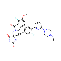 CCN1CCN(c2cccc(-c3ccc(C#C[C@]4(CN5Cc6ccc(OC)c(F)c6C5=O)NC(=O)NC4=O)cc3F)n2)CC1 ZINC000143429381