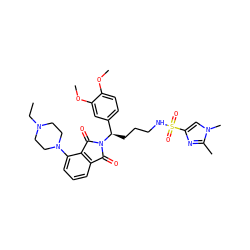 CCN1CCN(c2cccc3c2C(=O)N([C@H](CCCNS(=O)(=O)c2cn(C)c(C)n2)c2ccc(OC)c(OC)c2)C3=O)CC1 ZINC000049680341