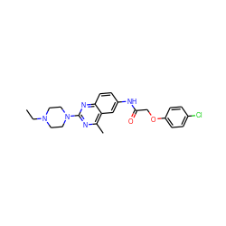 CCN1CCN(c2nc(C)c3cc(NC(=O)COc4ccc(Cl)cc4)ccc3n2)CC1 ZINC000084635297