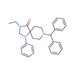 CCN1CN(c2ccccc2)C2(CCN(C(c3ccccc3)c3ccccc3)CC2)C1=O ZINC000040406132