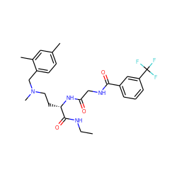 CCNC(=O)[C@H](CCN(C)Cc1ccc(C)cc1C)NC(=O)CNC(=O)c1cccc(C(F)(F)F)c1 ZINC000028952333