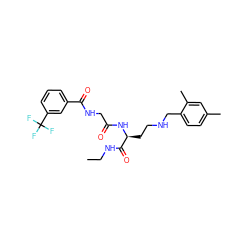 CCNC(=O)[C@H](CCNCc1ccc(C)cc1C)NC(=O)CNC(=O)c1cccc(C(F)(F)F)c1 ZINC000028952327