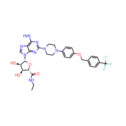 CCNC(=O)[C@H]1O[C@@H](n2cnc3c(N)nc(N4CCN(c5ccc(OCc6ccc(C(F)(F)F)cc6)cc5)CC4)nc32)[C@H](O)[C@@H]1O ZINC000299857541