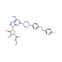 CCNC(=O)[C@H]1O[C@@H](n2cnc3c(N)nc(N4CCN(c5ccc(OCc6ccc(Cl)cc6)cc5)CC4)nc32)[C@H](O)[C@@H]1O ZINC000299862258