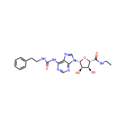 CCNC(=O)[C@H]1O[C@@H](n2cnc3c(NC(=O)NCCc4ccccc4)ncnc32)[C@H](O)[C@@H]1O ZINC000013780810