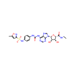 CCNC(=O)[C@H]1O[C@@H](n2cnc3c(NC(=O)Nc4ccc(NS(=O)(=O)c5cc(C)on5)cc4)ncnc32)[C@H](O)[C@@H]1O ZINC000049785477