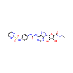 CCNC(=O)[C@H]1O[C@@H](n2cnc3c(NC(=O)Nc4ccc(NS(=O)(=O)c5ncccn5)cc4)ncnc32)[C@H](O)[C@@H]1O ZINC000049771780