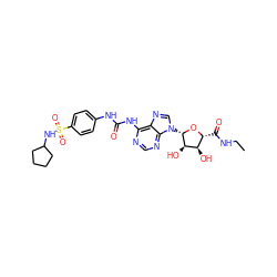 CCNC(=O)[C@H]1O[C@@H](n2cnc3c(NC(=O)Nc4ccc(S(=O)(=O)NC5CCCC5)cc4)ncnc32)[C@H](O)[C@@H]1O ZINC000049785624