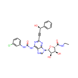 CCNC(=O)[C@H]1O[C@@H](n2cnc3c(NC(=O)Nc4cccc(Cl)c4)nc(C#C[C@@H](O)c4ccccc4)nc32)[C@H](O)[C@@H]1O ZINC000028571208