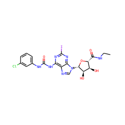 CCNC(=O)[C@H]1O[C@@H](n2cnc3c(NC(=O)Nc4cccc(Cl)c4)nc(I)nc32)[C@H](O)[C@@H]1O ZINC000028570984