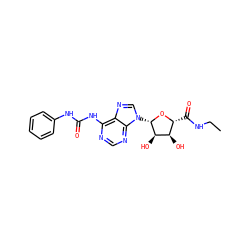 CCNC(=O)[C@H]1O[C@@H](n2cnc3c(NC(=O)Nc4ccccc4)ncnc32)[C@H](O)[C@@H]1O ZINC000012405924