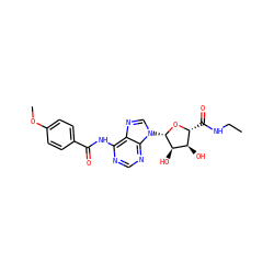 CCNC(=O)[C@H]1O[C@@H](n2cnc3c(NC(=O)c4ccc(OC)cc4)ncnc32)[C@H](O)[C@@H]1O ZINC000013780800