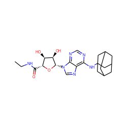 CCNC(=O)[C@H]1O[C@@H](n2cnc3c(NC45CC6CC(CC(C6)C4)C5)ncnc32)[C@H](O)[C@@H]1O ZINC000653697089